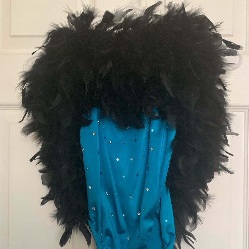 Blue rhinestone Leo with black feather boa